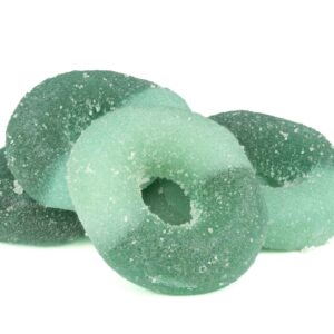 Green sugar-coated gummy rings candy.