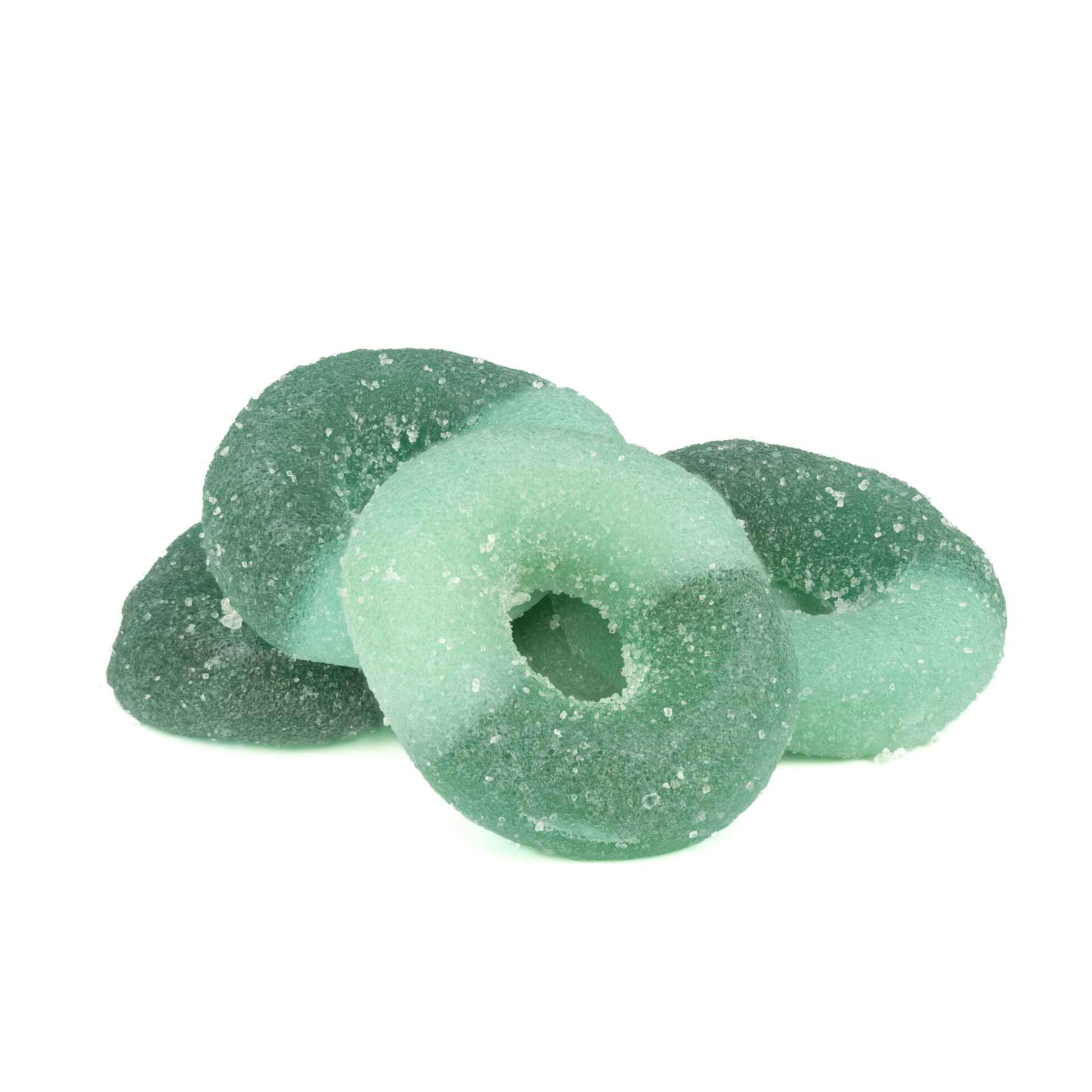 Green apple flavored gummy candy rings.