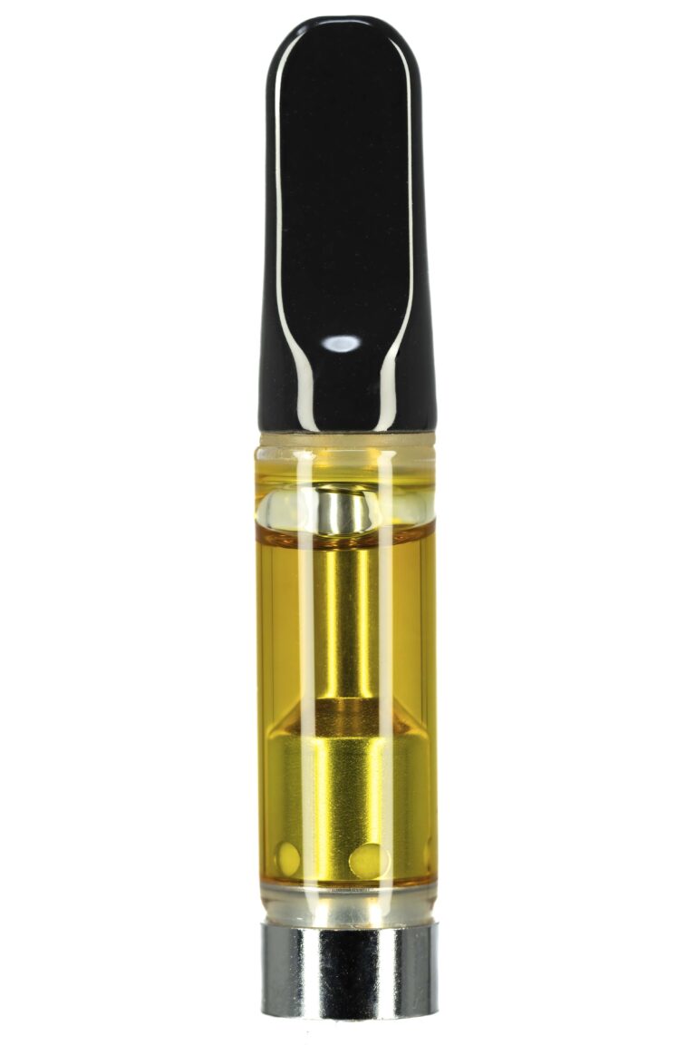 Vape cartridge with golden liquid isolated on white.