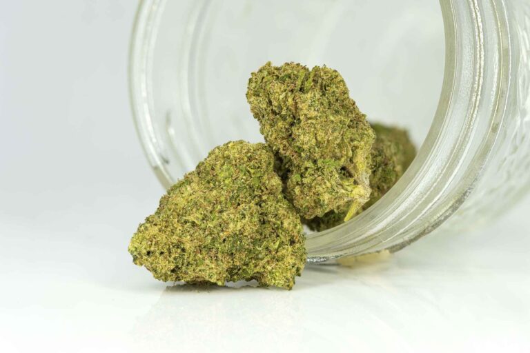 Cannabis buds spilling from jar on white background.