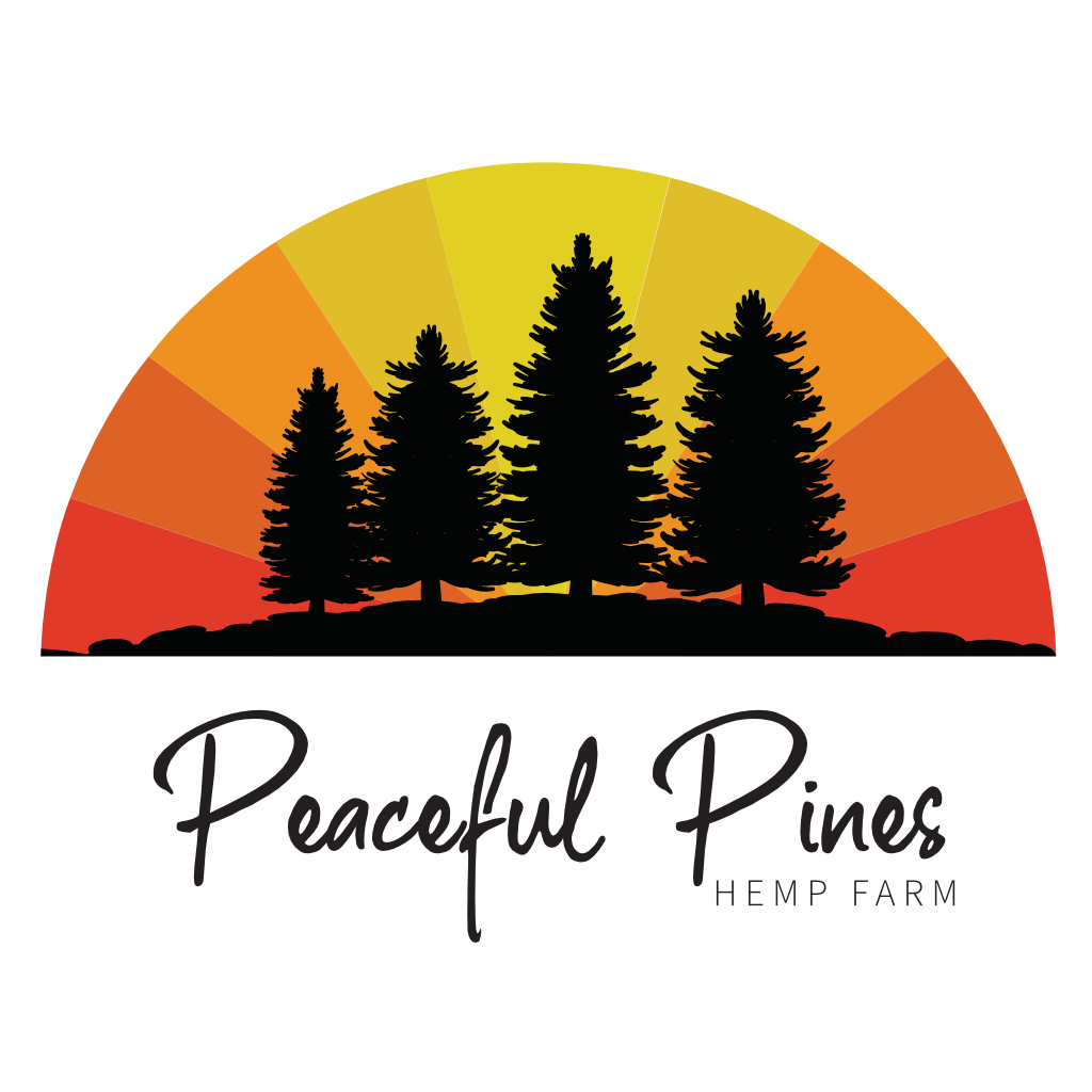 Sunset behind trees, "Peaceful Pines Hemp Farm" logo.