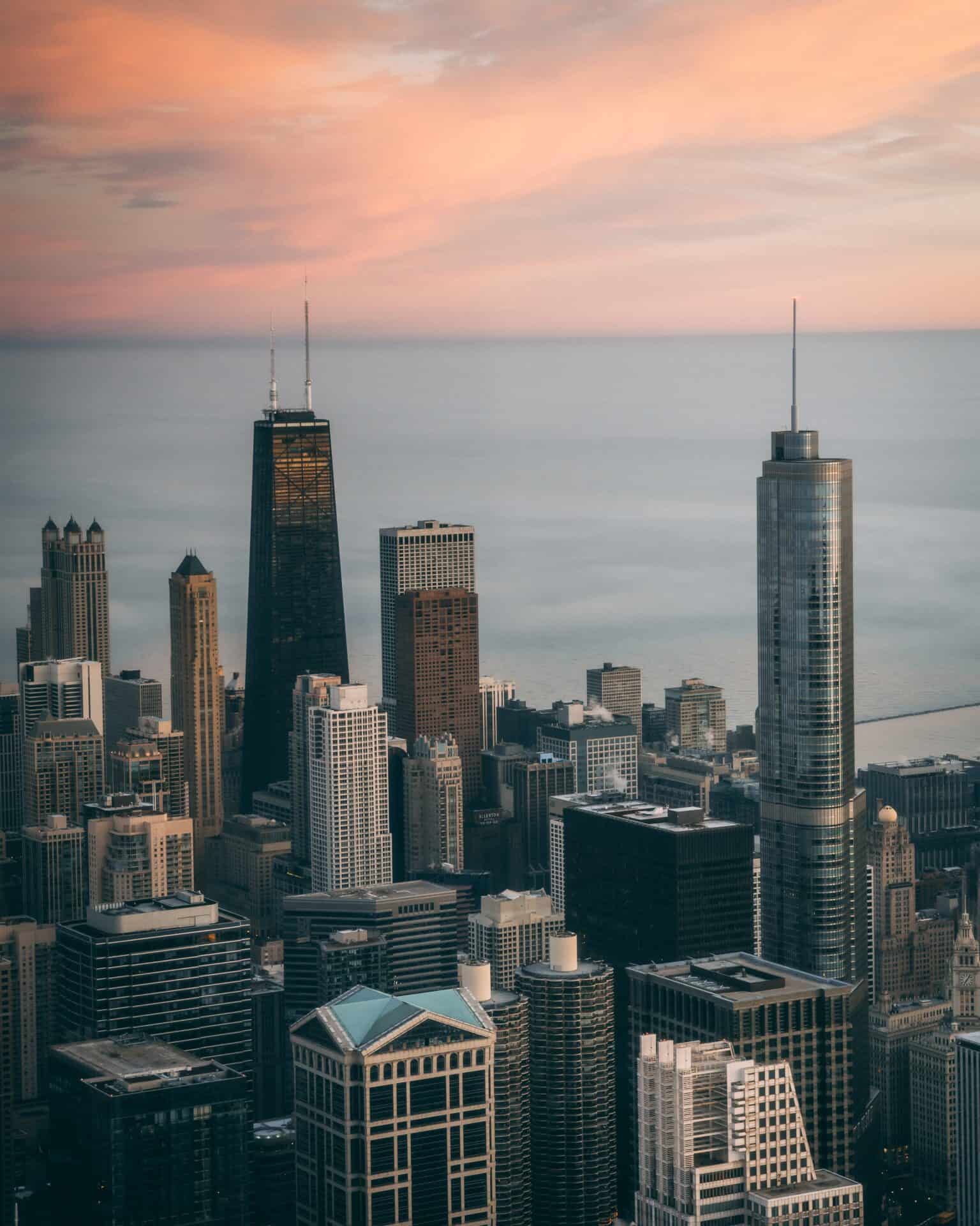Lab-tested THCa flower shipped to Illinois. Vertical high angle shot of a cityscape with tall skyscrapers in Chicago, USA