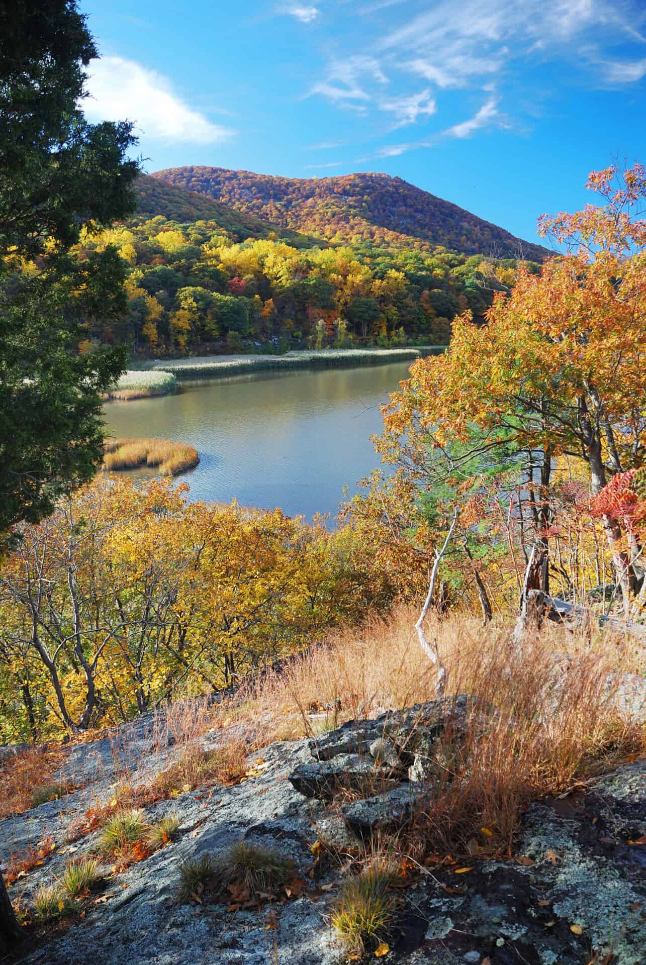 Lab-tested THCa flower shipped to New Hampshire. Autumn Mountain with lake view and colorful foliage in forest.
